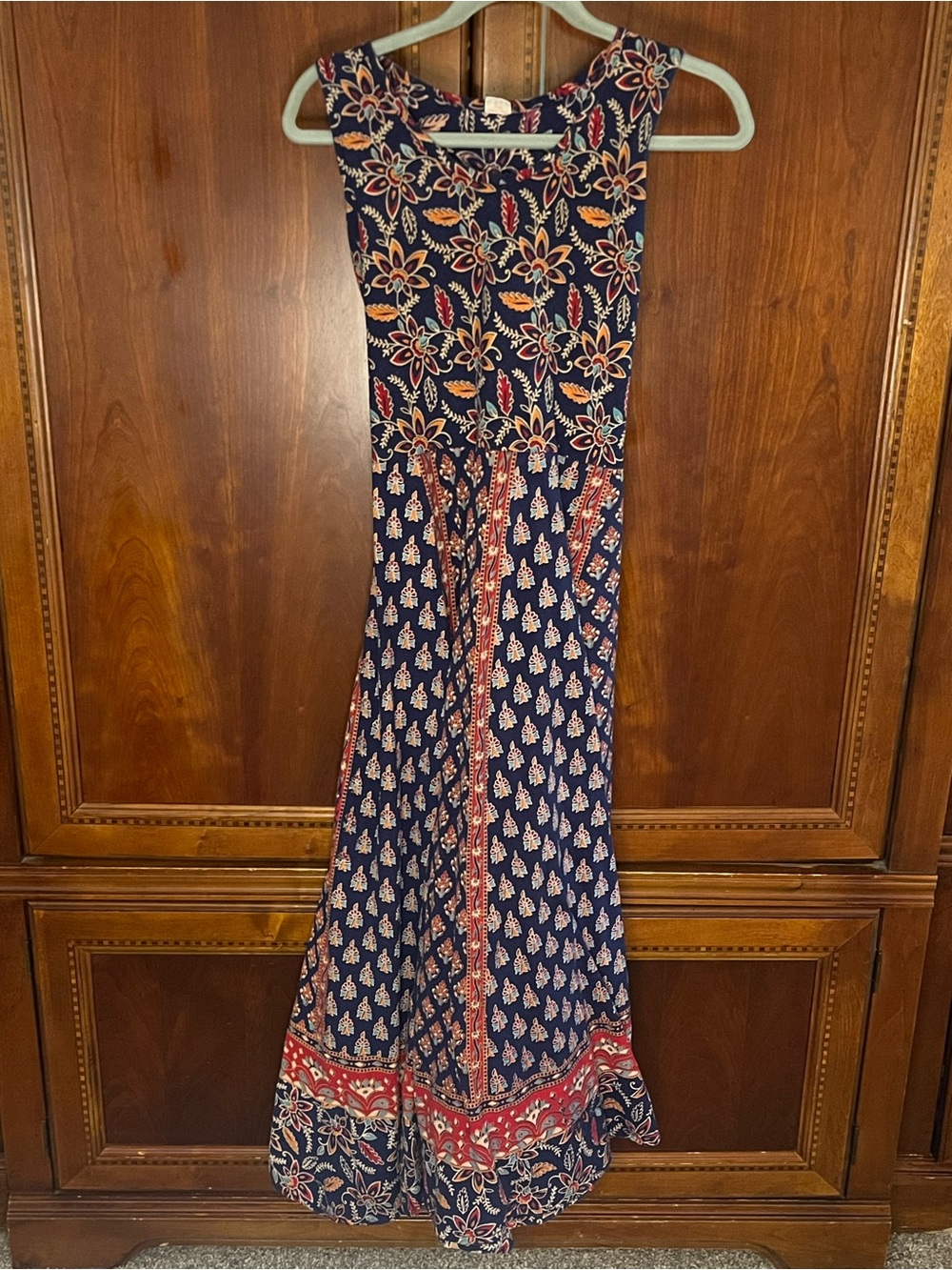 Navy Floral Maxi Dress with Red Accent